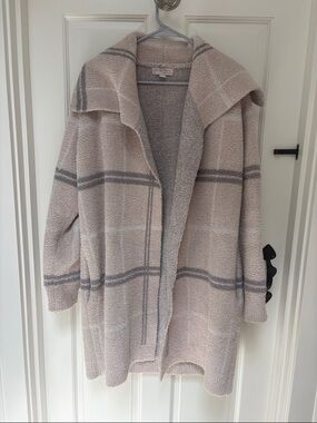 Barefoot Dreams Hooded Plaid Open-Front Cardigan - Beige & Gray